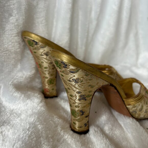 Joseph Salon Shoes Womens Size 6 Gold Tapestry VTG Dainty Feminine Open Toe - Picture 6 of 8